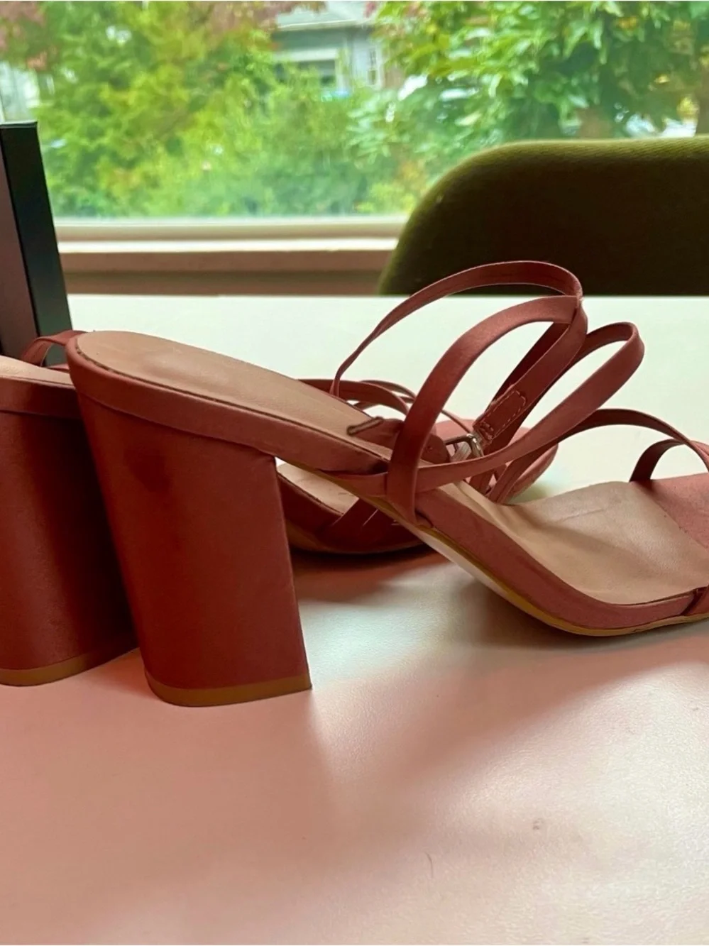 Azazie Satin Strappy Block Heel Sandals in cedar rose